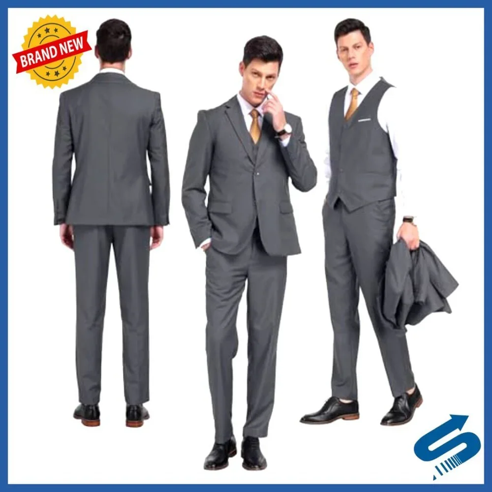 Slim Fit 3-Piece Suit Set with Vest & Tie for Business Wedding Formal